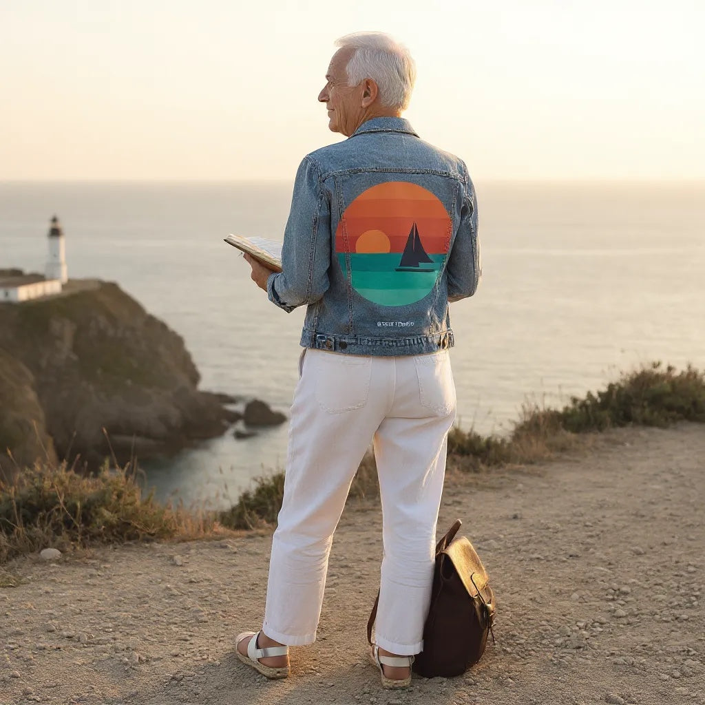 SUNDOWNERS by GRANT SHEPLEY, digitally printed on DENIM products: throw pillows, aprons, table place mats, and hand-made Unisex Denim Jackets in 3 color choices