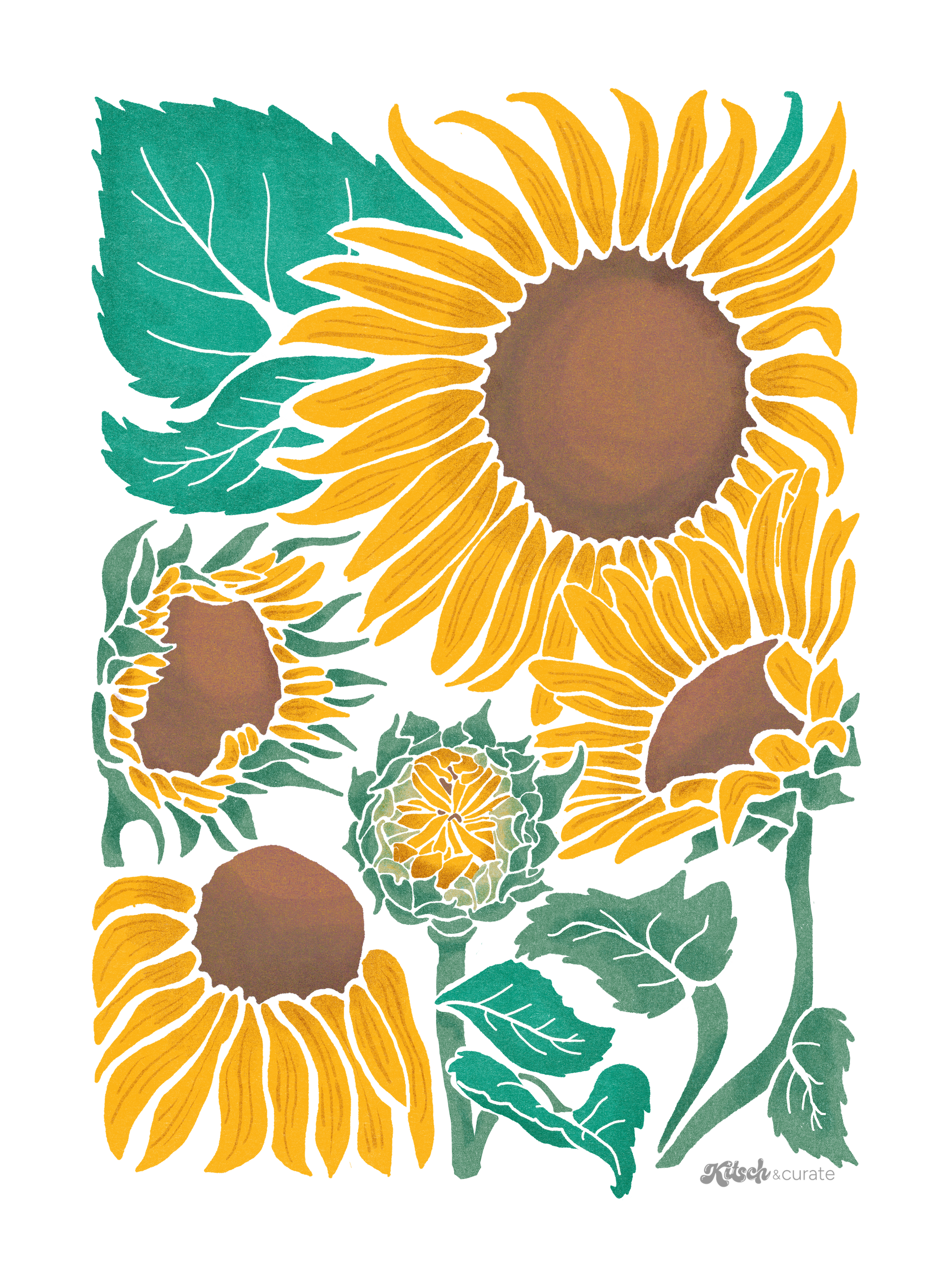 SUNFLOWER by KITSCH AND CURATE, digitally printed on DENIM products: throw pillows, aprons, table place mats, and hand-made Unisex Denim Jackets in 3 color choices