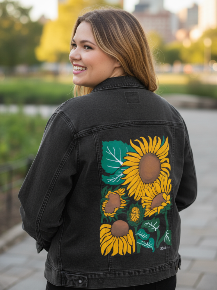 SUNFLOWER by KITSCH AND CURATE, digitally printed on DENIM products: throw pillows, aprons, table place mats, and hand-made Unisex Denim Jackets in 3 color choices