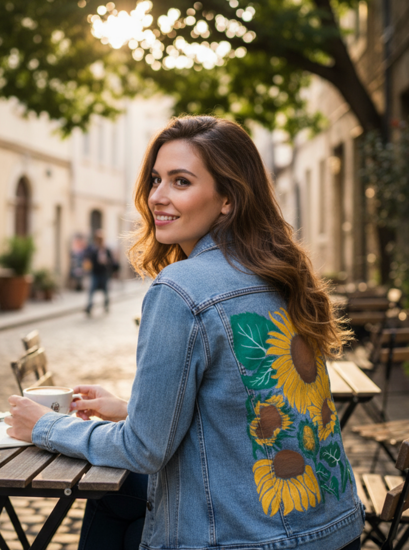 SUNFLOWER by KITSCH AND CURATE, digitally printed on DENIM products: throw pillows, aprons, table place mats, and hand-made Unisex Denim Jackets in 3 color choices