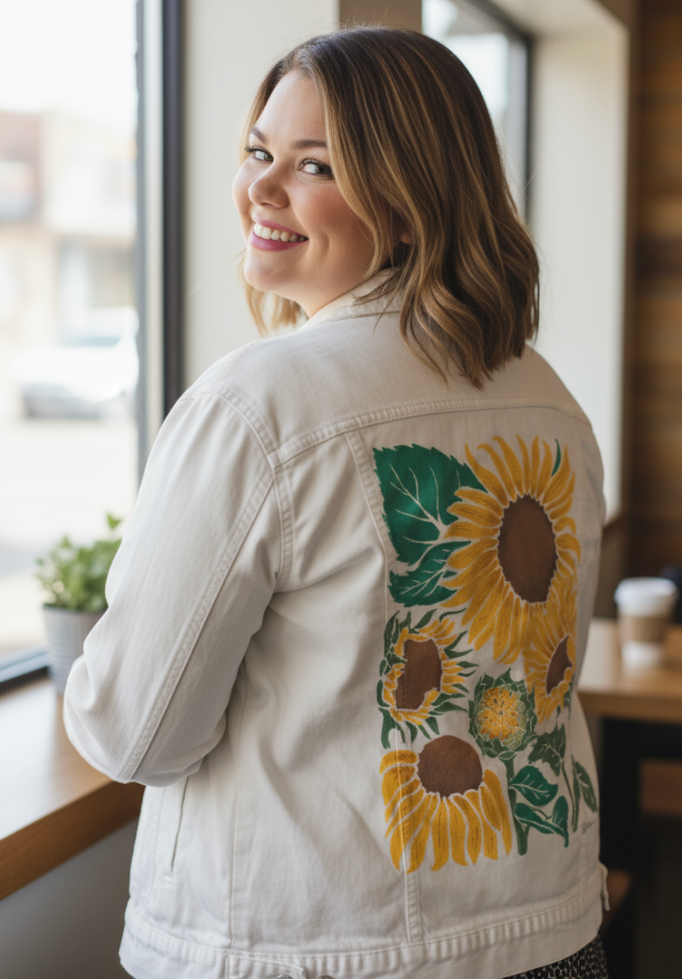 SUNFLOWER by KITSCH AND CURATE, digitally printed on DENIM products: throw pillows, aprons, table place mats, and hand-made Unisex Denim Jackets in 3 color choices