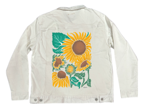 SUNFLOWER by KITSCH AND CURATE, digitally printed on DENIM products: throw pillows, aprons, table place mats, and hand-made Unisex Denim Jackets in 3 color choices