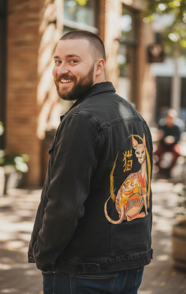 YAKUZA CAT by TOBE FONSECA, digitally printed on DENIM products: throw pillows, aprons, table place mats, and hand-made Unisex Denim Jackets in 3 color choices