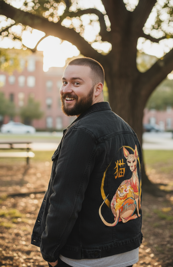 YAKUZA CAT by TOBE FONSECA, digitally printed on DENIM products: throw pillows, aprons, table place mats, and hand-made Unisex Denim Jackets in 3 color choices