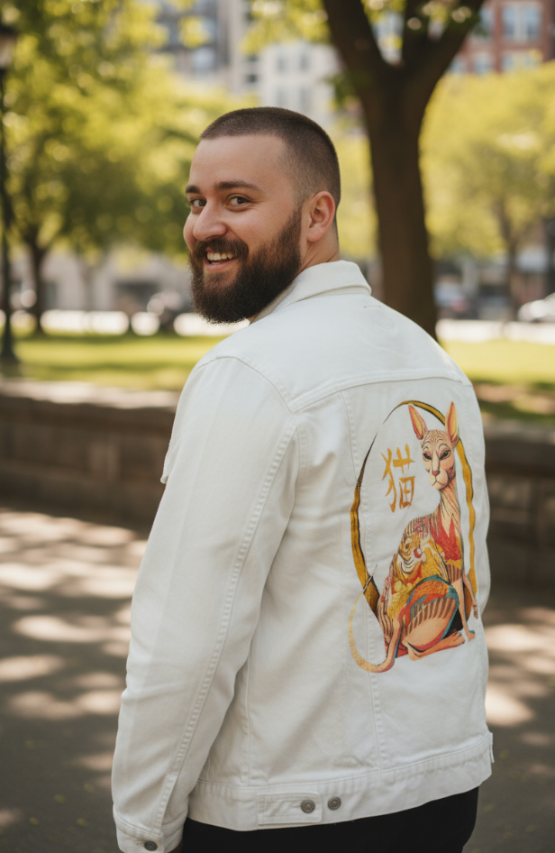 YAKUZA CAT by TOBE FONSECA, digitally printed on DENIM products: throw pillows, aprons, table place mats, and hand-made Unisex Denim Jackets in 3 color choices
