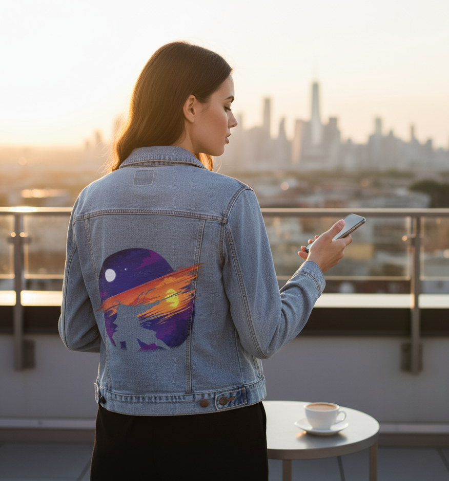 SUNSET SAMURAI by TOBE FONSECA, digitally printed on DENIM products: throw pillows, aprons, table place mats, and hand-made Unisex Denim Jackets in 3 color choices