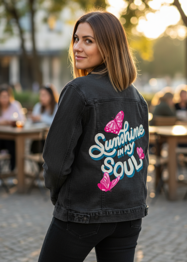 SUNSHINE IN MY SOUL by IndySign, digitally printed on DENIM products: throw pillows, aprons, table place mats, and hand-made Unisex Denim Jackets in 3 color choices