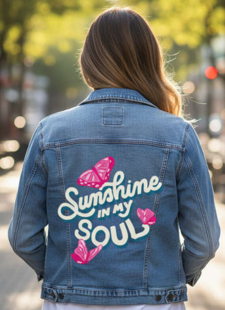 SUNSHINE IN MY SOUL by IndySign, digitally printed on DENIM products: throw pillows, aprons, table place mats, and hand-made Unisex Denim Jackets in 3 color choices