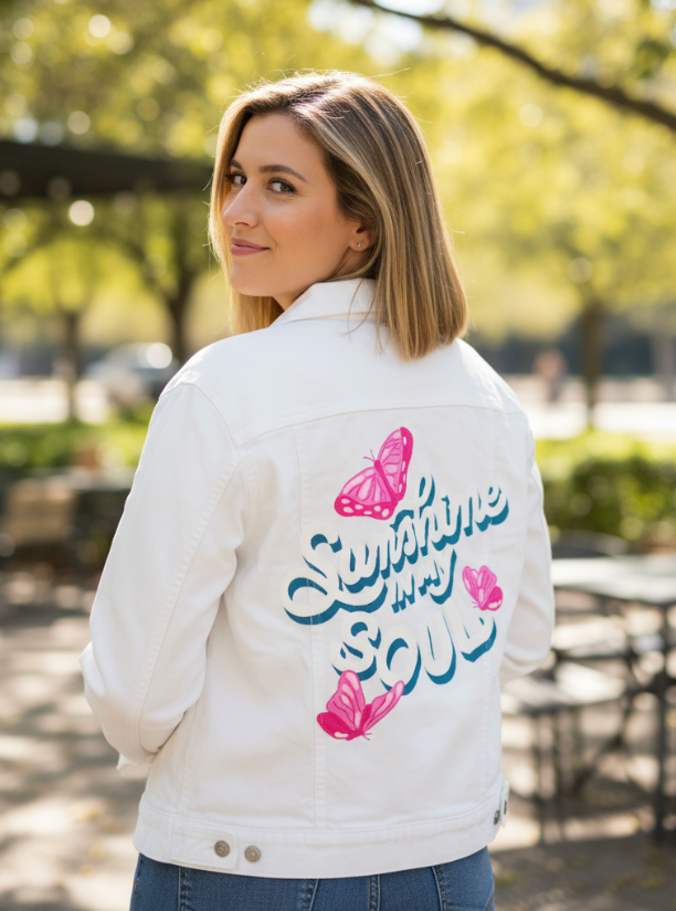 SUNSHINE IN MY SOUL by IndySign, digitally printed on DENIM products: throw pillows, aprons, table place mats, and hand-made Unisex Denim Jackets in 3 color choices