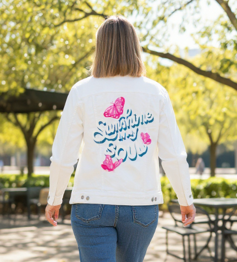 SUNSHINE IN MY SOUL by INDYSIGN, printed on a hand-made Unisex Denim Jacket