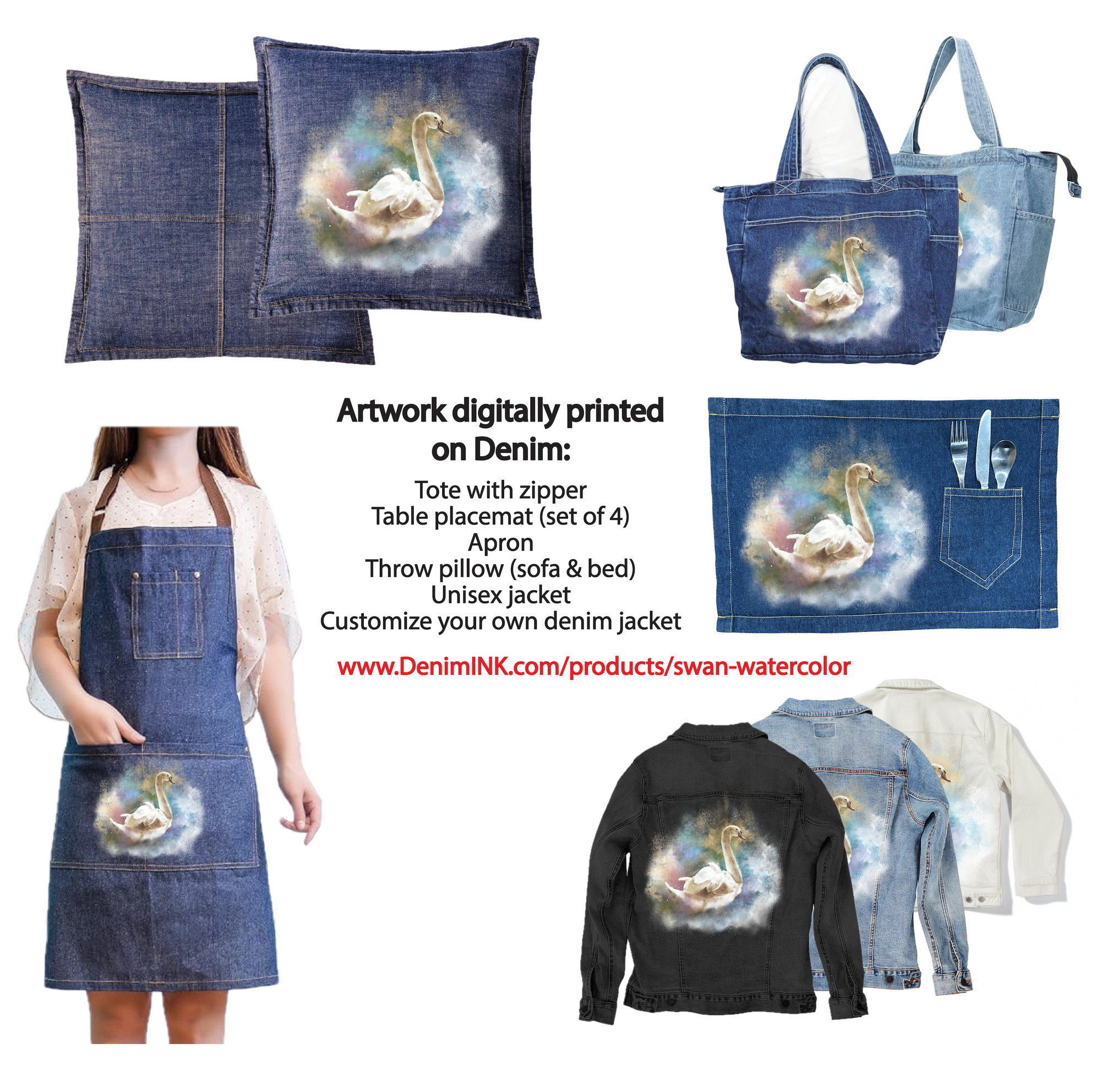 SWAN WATERCOLOR by RAMIR DESIGNS, digitally printed on DENIM products: throw pillows, aprons, table place mats, and hand-made Unisex Denim Jackets in 3 color choices