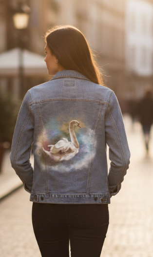 SWAN WATERCOLOR by RAMIR DESIGNS, digitally printed on DENIM products: throw pillows, aprons, table place mats, and hand-made Unisex Denim Jackets in 3 color choices