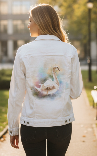 SWAN WATERCOLOR by RAMIR DESIGNS, digitally printed on DENIM products: throw pillows, aprons, table place mats, and hand-made Unisex Denim Jackets in 3 color choices