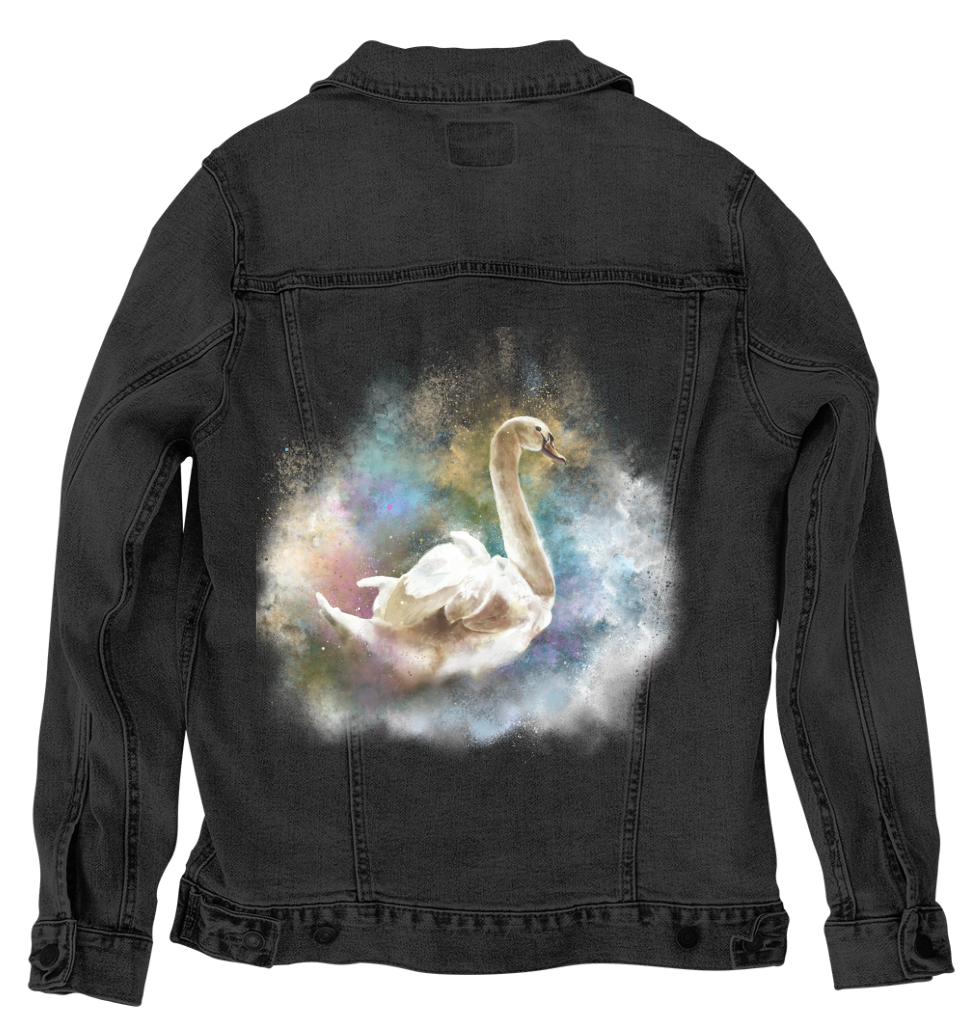 SWAN WATERCOLOR by RAMIR DESIGNS, digitally printed on DENIM products: throw pillows, aprons, table place mats, and hand-made Unisex Denim Jackets in 3 color choices