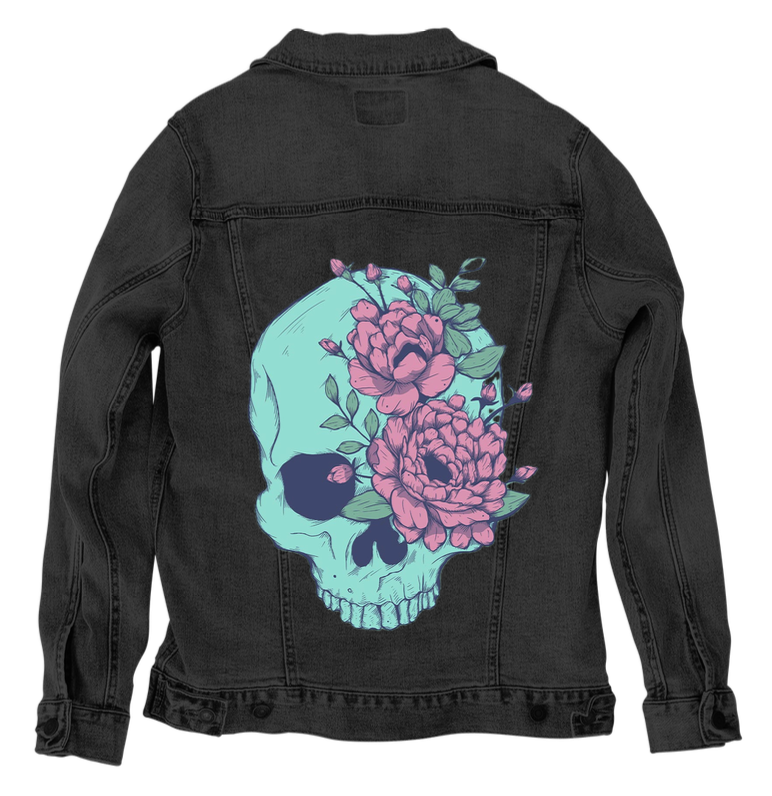 BLUE FLORAL SKULL by JESS ADAMS, digitally printed on DENIM products: throw pillows, aprons, table place mats, and hand-made Unisex Denim Jackets in 3 color choices