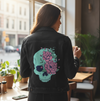 Blue Floral Skull by Jess Adams, printed on a hand-made Unisex Denim Jacket