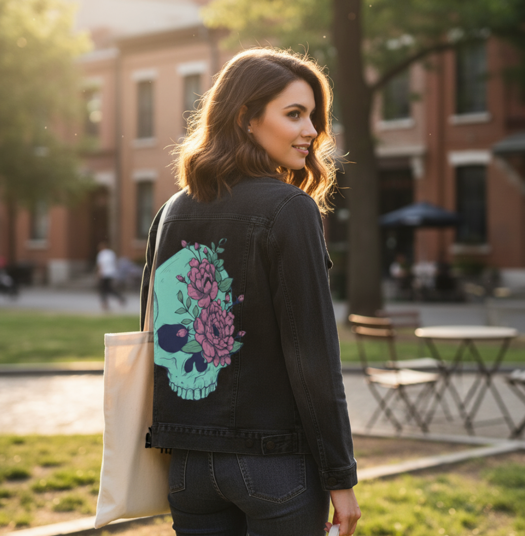 BLUE FLORAL SKULL by JESS ADAMS, digitally printed on DENIM products: throw pillows, aprons, table place mats, and hand-made Unisex Denim Jackets in 3 color choices