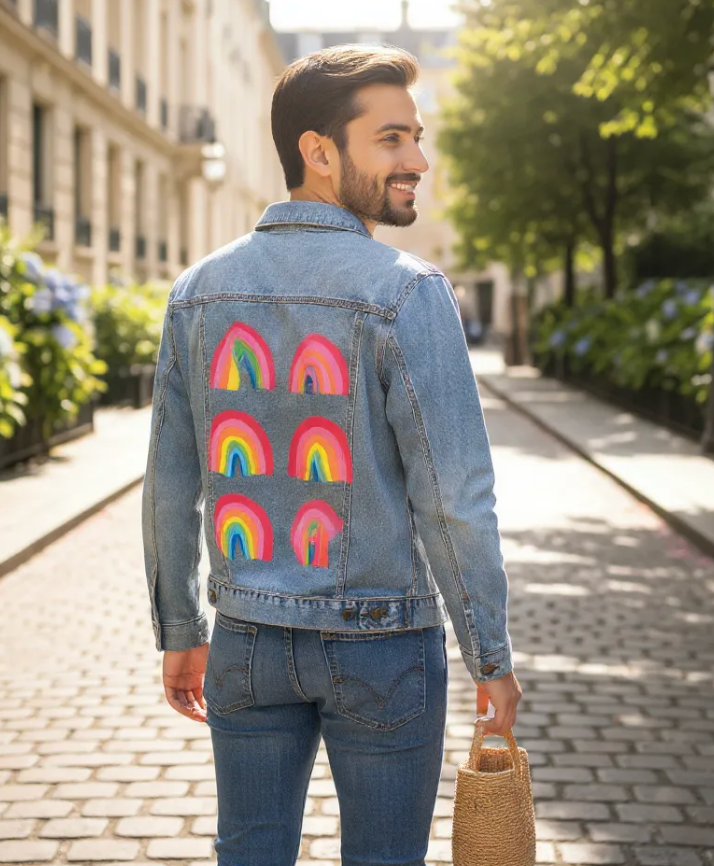 RAINBOW COLLECTION by CatCoq, digitally printed on DENIM products: throw pillows, aprons, table place mats, and hand-made Unisex Denim Jackets in 3 color choices