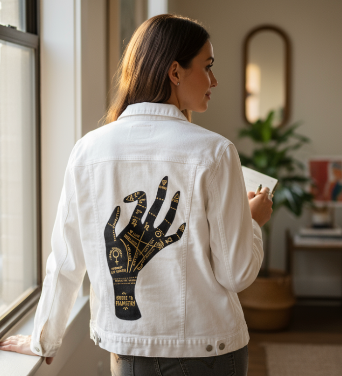 PALMISTRY by CatCoq, digitally printed on DENIM products: throw pillows, aprons, table place mats, and hand-made Unisex Denim Jackets in 3 color choices
