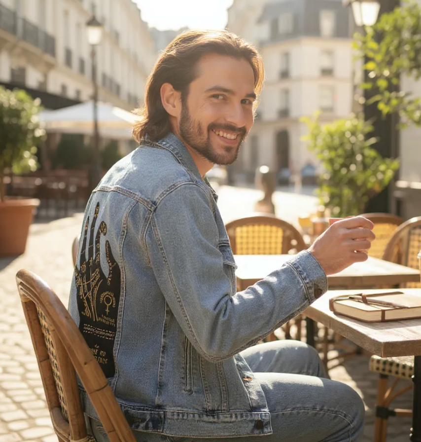 PALMISTRY by CatCoq, digitally printed on DENIM products: throw pillows, aprons, table place mats, and hand-made Unisex Denim Jackets in 3 color choices