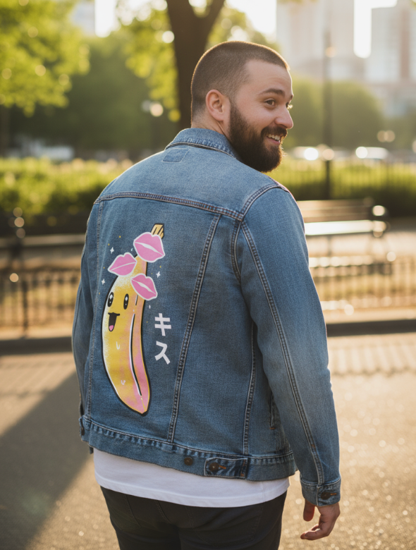 BANANA KISSES by TOBE FONSECA, digitally printed on DENIM products: throw pillows, aprons, table place mats, and hand-made Unisex Denim Jackets in 3 color choices