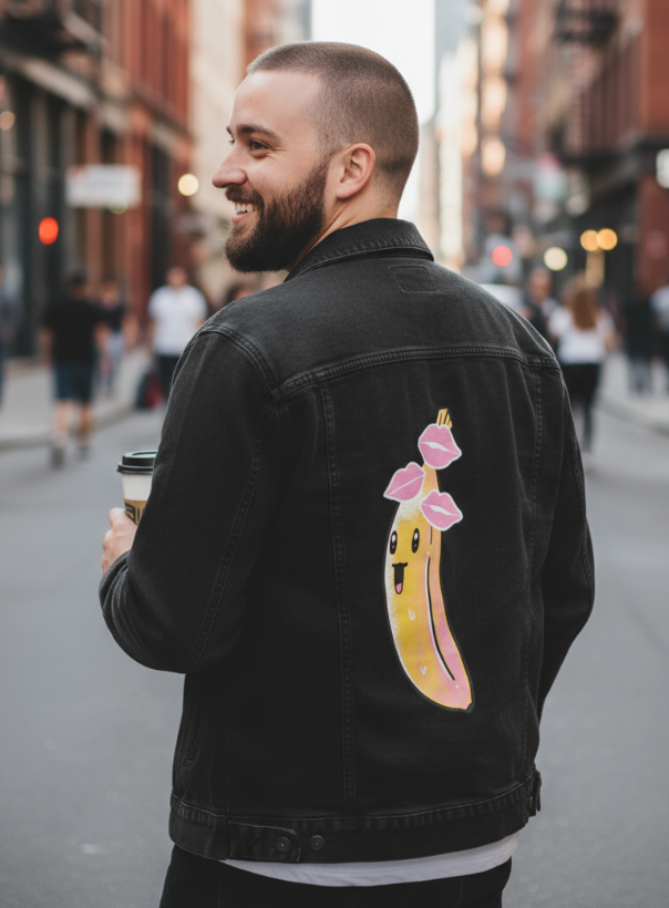 BANANA KISSES by TOBE FONSECA, digitally printed on DENIM products: throw pillows, aprons, table place mats, and hand-made Unisex Denim Jackets in 3 color choices