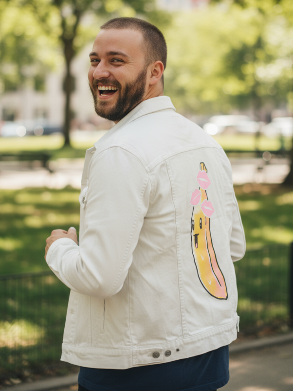 BANANA KISSES by TOBE FONSECA, digitally printed on DENIM products: throw pillows, aprons, table place mats, and hand-made Unisex Denim Jackets in 3 color choices