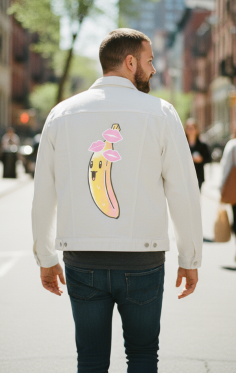 BANANA KISSES by TOBE FONSECA, digitally printed on DENIM products: throw pillows, aprons, table place mats, and hand-made Unisex Denim Jackets in 3 color choices