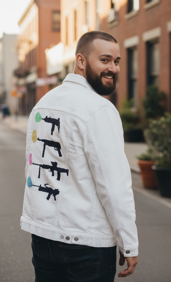 BUBBLE GUM by TOBE FONSECA, digitally printed on DENIM products: throw pillows, aprons, table place mats, and hand-made Unisex Denim Jackets in 3 color choices