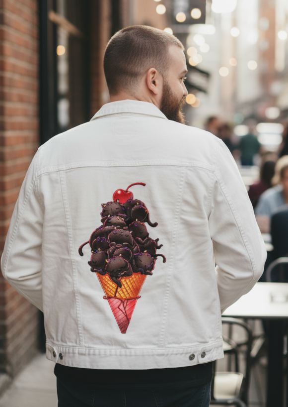 CAT ICE CREAM by TOBE FONSECA, digitally printed on DENIM products: throw pillows, aprons, table place mats, and hand-made Unisex Denim Jackets in 3 color choices