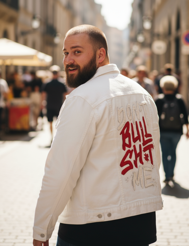 DON&#39;T BULLSHIT ME, by TOBE FONSECA, digitally printed on DENIM products: throw pillows, aprons, table place mats, and hand-made Unisex Denim Jackets in 3 color choices