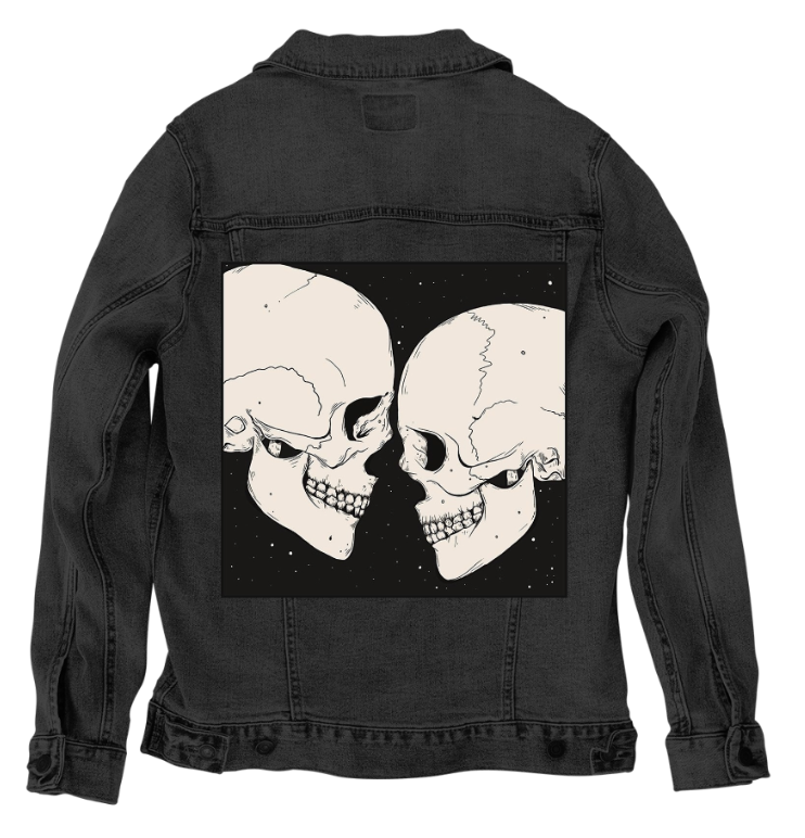 STAR CROSSED LOVERS by JESS ADAMS, digitally printed on DENIM products: throw pillows, aprons, table place mats, and hand-made Unisex Denim Jackets in 3 color choices