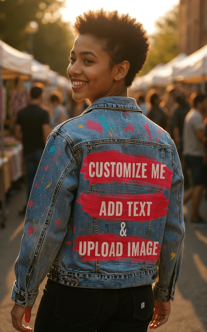 Customize &amp; Design your own digitally printed Denim Jacket (hand-made) with 3 color choices of jacket: Stonewash, White, or Black. Unisex XS S M L XL 2X 3X Customize &amp; Design your own digitally printed Denim Jacket (hand-made) with 3 color choices of jacket: Stonewash, White, or Black. Unisex XS S M L XL 2X 3X