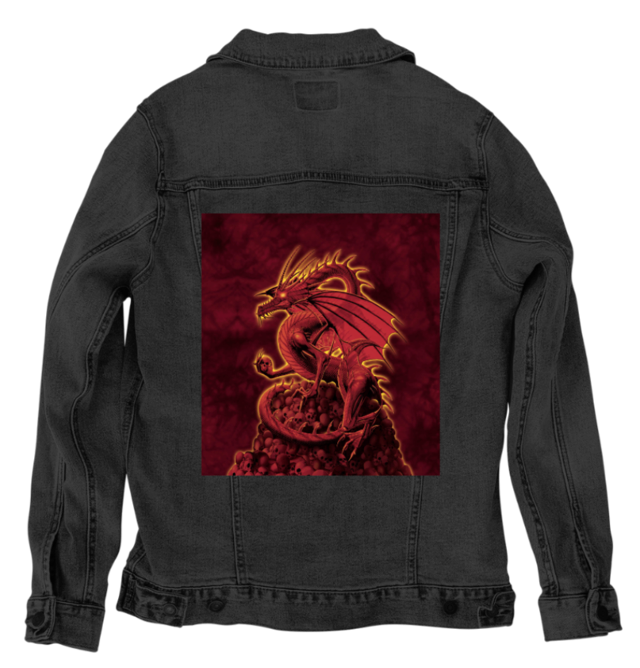 ABOLISHER RED by VINCENT HIE, digitally printed on DENIM products: throw pillows, aprons, table place mats, and hand-made Unisex Denim Jackets in 3 color choices