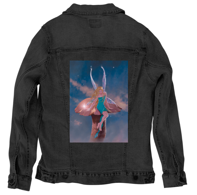 A FAIRY&#39;S WISH by VINCENT HIE, digitally printed on DENIM products: throw pillows, aprons, table place mats, and hand-made Unisex Denim Jackets in 3 color choices