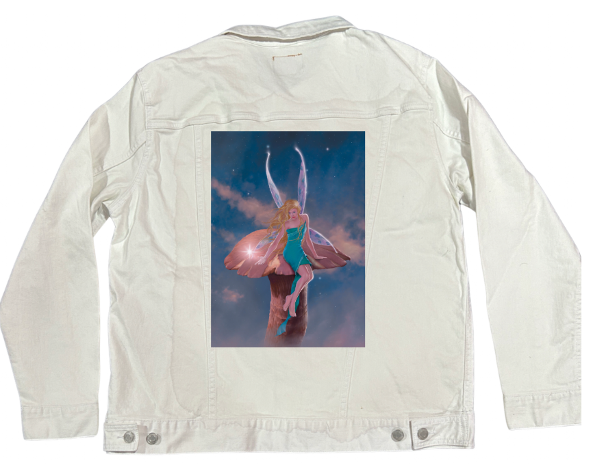 A FAIRY&#39;S WISH by VINCENT HIE, digitally printed on DENIM products: throw pillows, aprons, table place mats, and hand-made Unisex Denim Jackets in 3 color choices