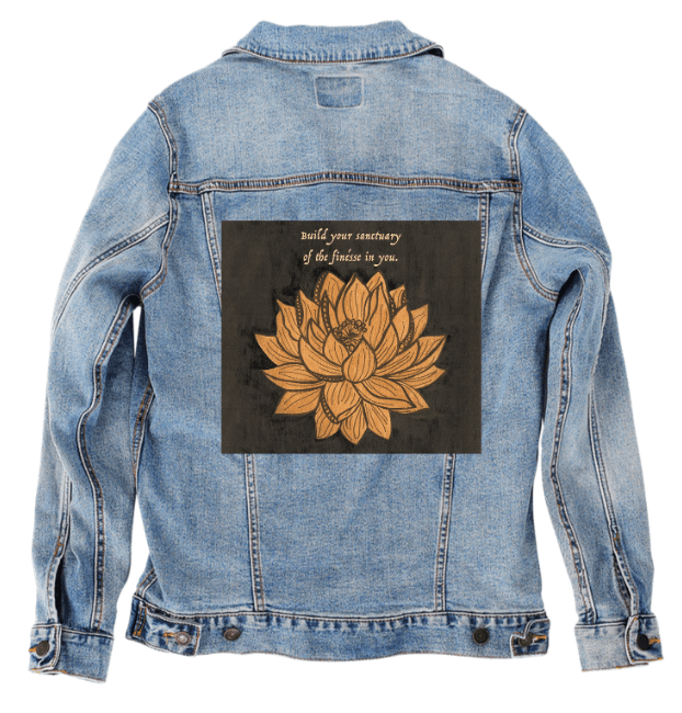 BE YOUR OWN SANCTUARY by CANVAS and QUOTATIONS, printed on denim jackets and other denim products: tote bags, throw pillows, table place mats, aprons