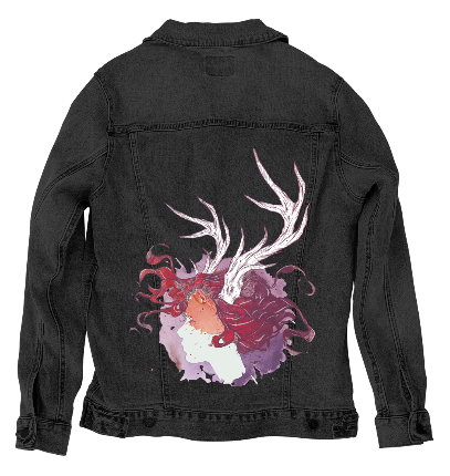 PAGAN QUEEN by JESS ADAMS, digitally printed on DENIM products: throw pillows, aprons, table place mats, and hand-made Unisex Denim Jackets in 3 color choices PAGAN QUEEN by JESS ADAMS, digitally printed on DENIM products: throw pillows, aprons, table place mats, and hand-made Unisex Denim Jackets in 3 color choices