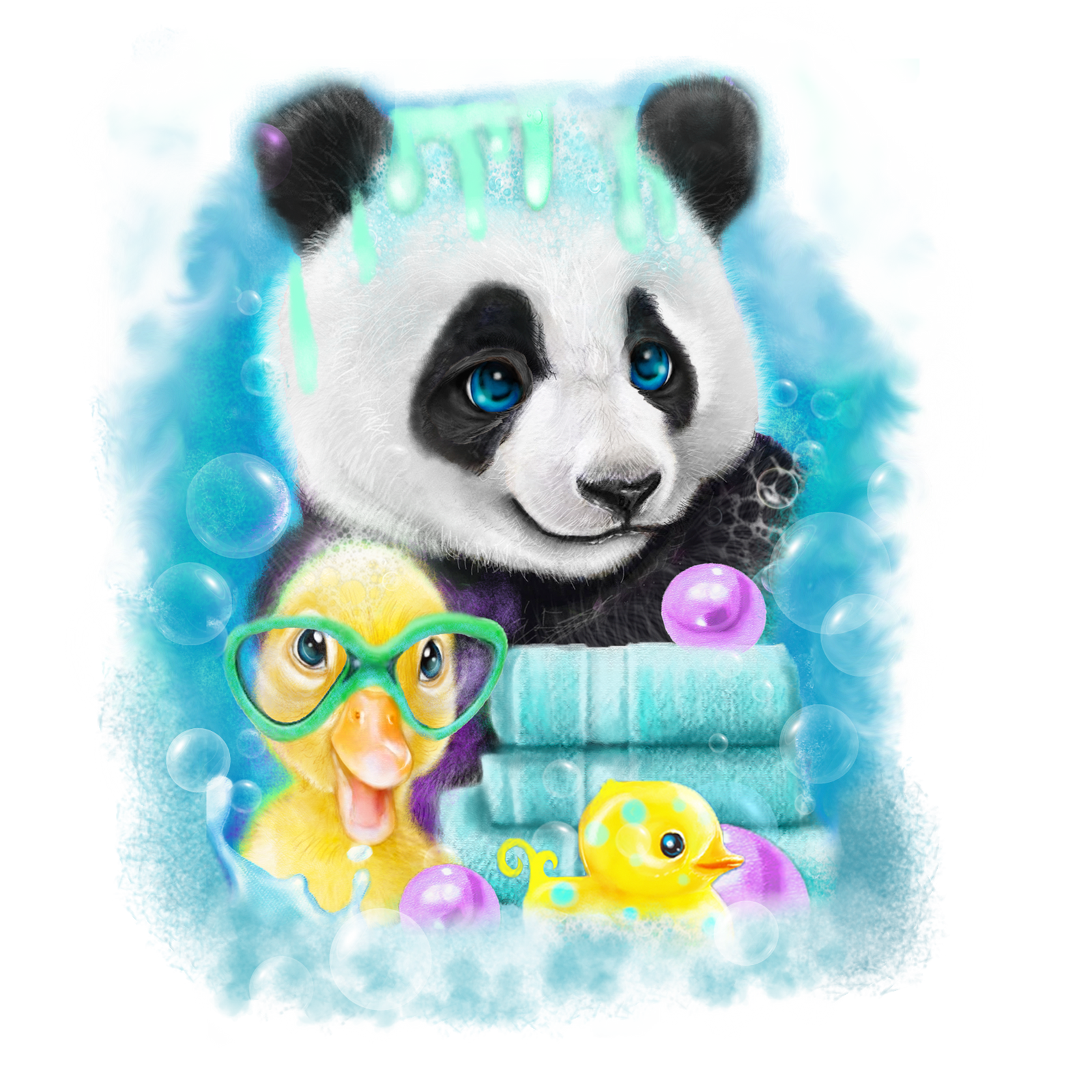 SCRUB A DUB PANDA by SHEENA PIKE, digitally printed on DENIM products: throw pillows, aprons, table place mats, and hand-made Unisex Denim Jackets in 3 color choices