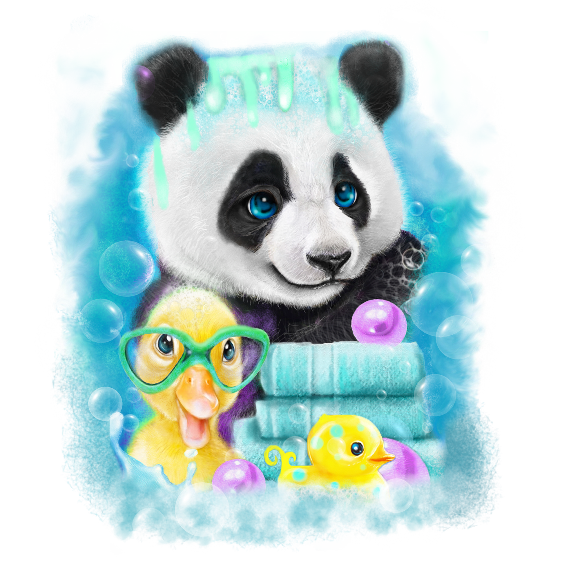 SCRUB A DUB PANDA by SHEENA PIKE, digitally printed on DENIM products: throw pillows, aprons, table place mats, and hand-made Unisex Denim Jackets in 3 color choices