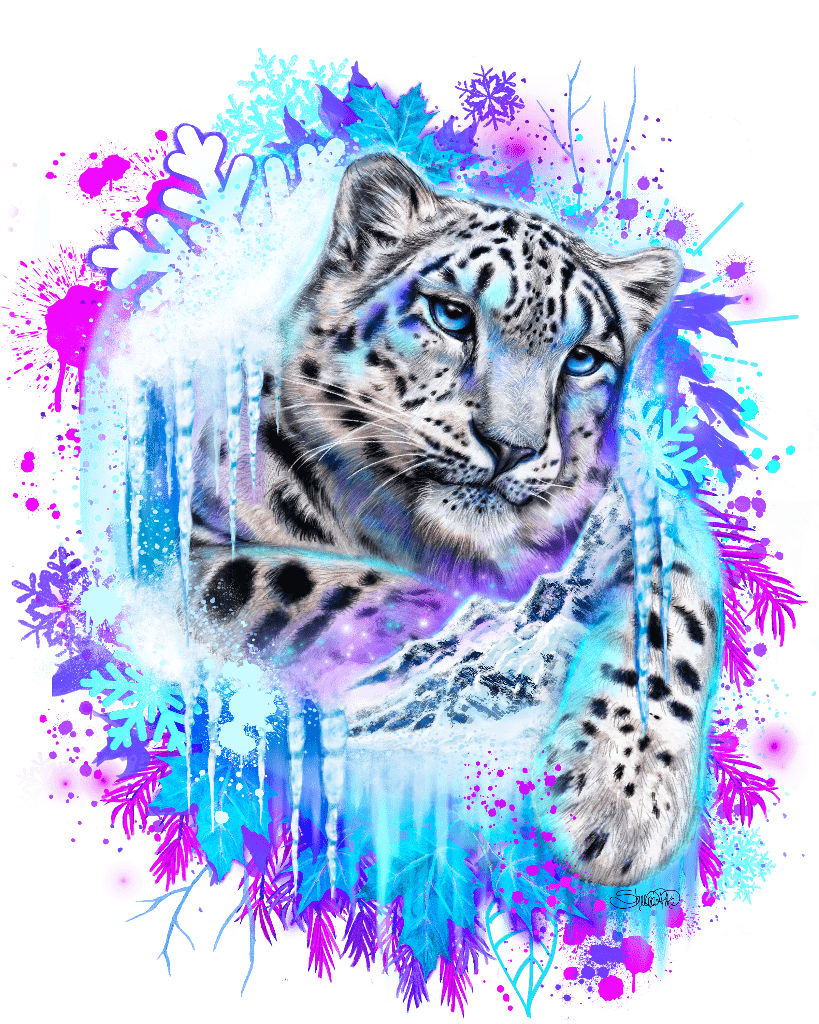 illustration of a snow leopard resting across icy rock formations, its pale fur patterned with dark rosettes and brushed with cool blues and violets, piercing blue eyes gazing outward. crystalline icicles hang vertically around the leopard, layered with splashes of neon magenta, aqua, and electric blue paint, stylized snowflakes, frost textures, and glowing alpine light. this artwork is titled “Snow Leopard Spirit” and created by Sheena Pike