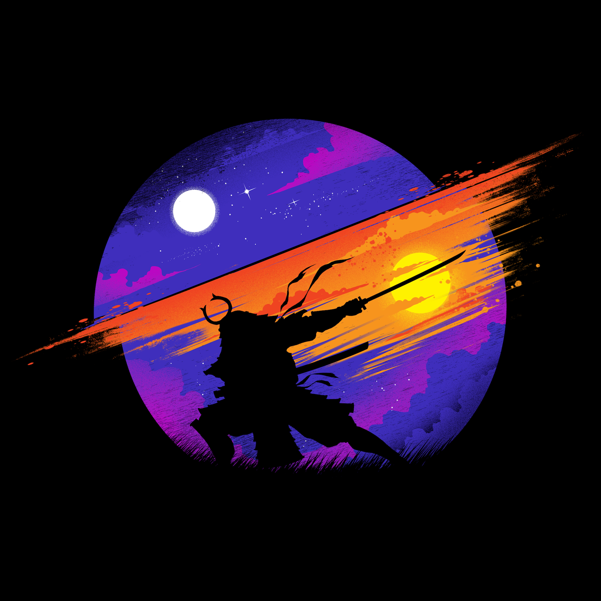 SUNSET SAMURAI by TOBE FONSECA, digitally printed on DENIM products: throw pillows, aprons, table place mats, and hand-made Unisex Denim Jackets in 3 color choices