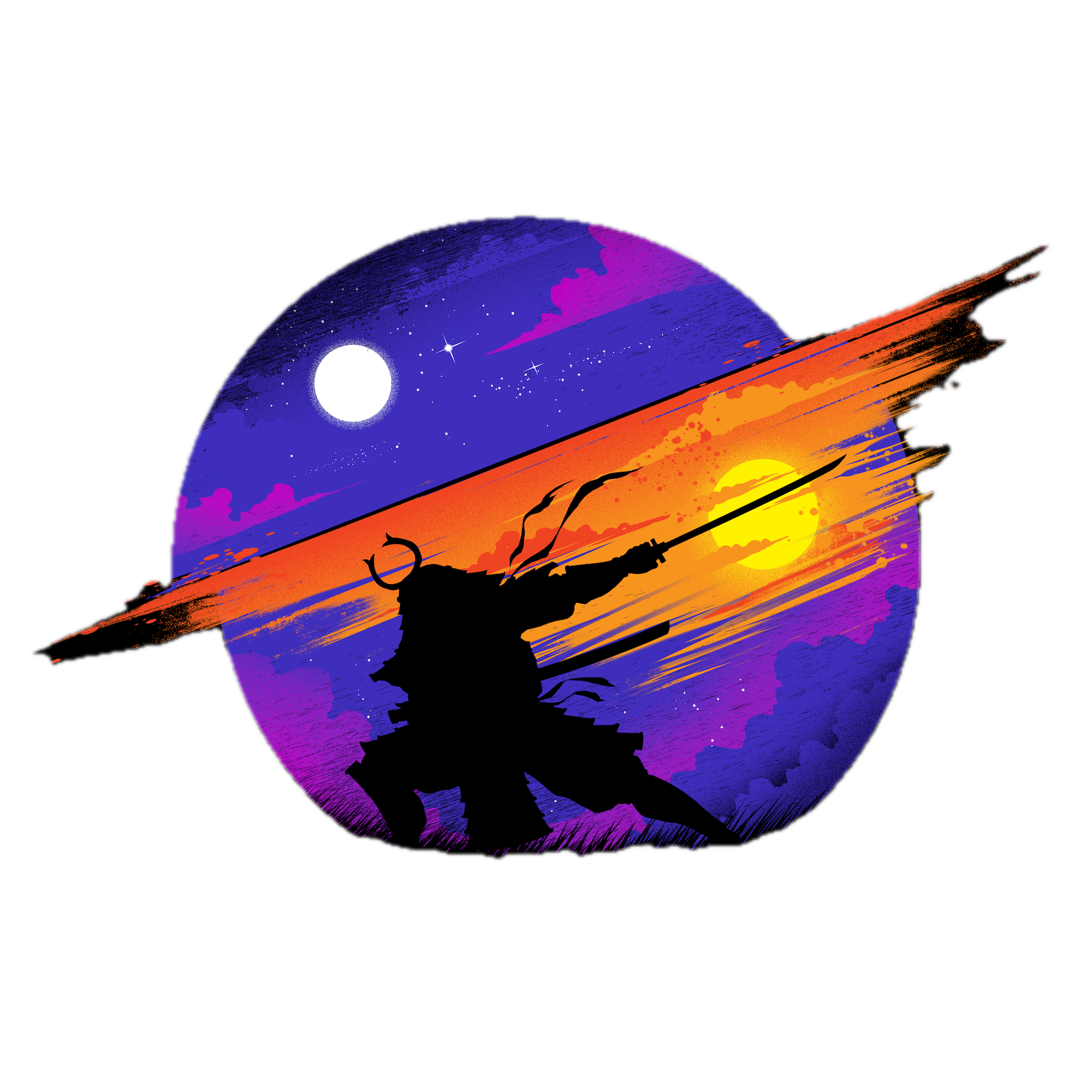 SUNSET SAMURAI by TOBE FONSECA, digitally printed on DENIM products: throw pillows, aprons, table place mats, and hand-made Unisex Denim Jackets in 3 color choices