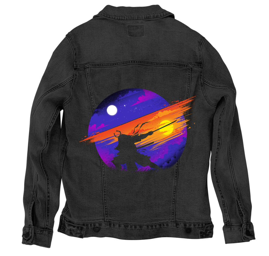 Sunset Samurai by Tobe Fonseca, on a hand-made Denim Jacket with 3 color choices: Stonewash, White, or Black. Unisex XS S M L XL 2X 3X. USA hand-made and USA digitally printed. Ships free within the USA & also ships Internationally.