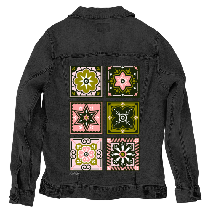 TALAVERA MEXICAN TILE by CatCoq, digitally printed on DENIM products: throw pillows, aprons, table place mats, and hand-made Unisex Denim Jackets in 3 color choices