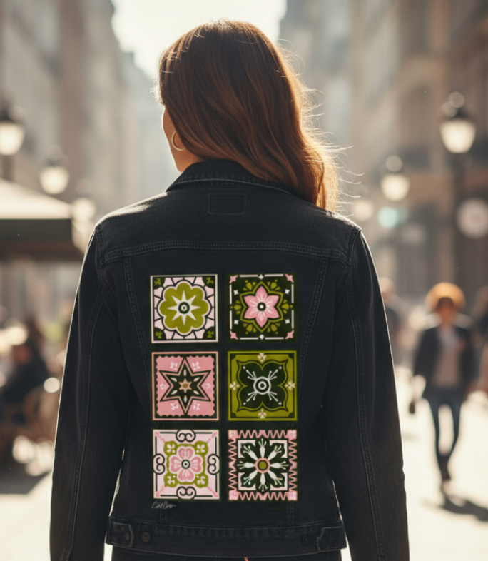 TALAVERA MEXICAN TILE by CatCoq, digitally printed on DENIM products: throw pillows, aprons, table place mats, and hand-made Unisex Denim Jackets in 3 color choices