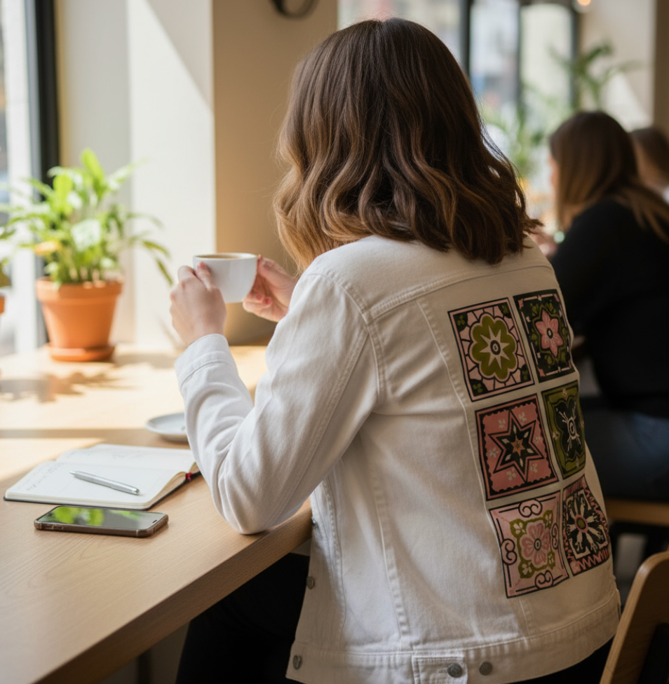 TALAVERA MEXICAN TILE by CatCoq, digitally printed on DENIM products: throw pillows, aprons, table place mats, and hand-made Unisex Denim Jackets in 3 color choices