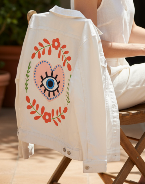 THE HEART SEES by HEND SHEHATA, digitally printed on DENIM products: throw pillows, aprons, table place mats, and hand-made Unisex Denim Jackets in 3 color choices