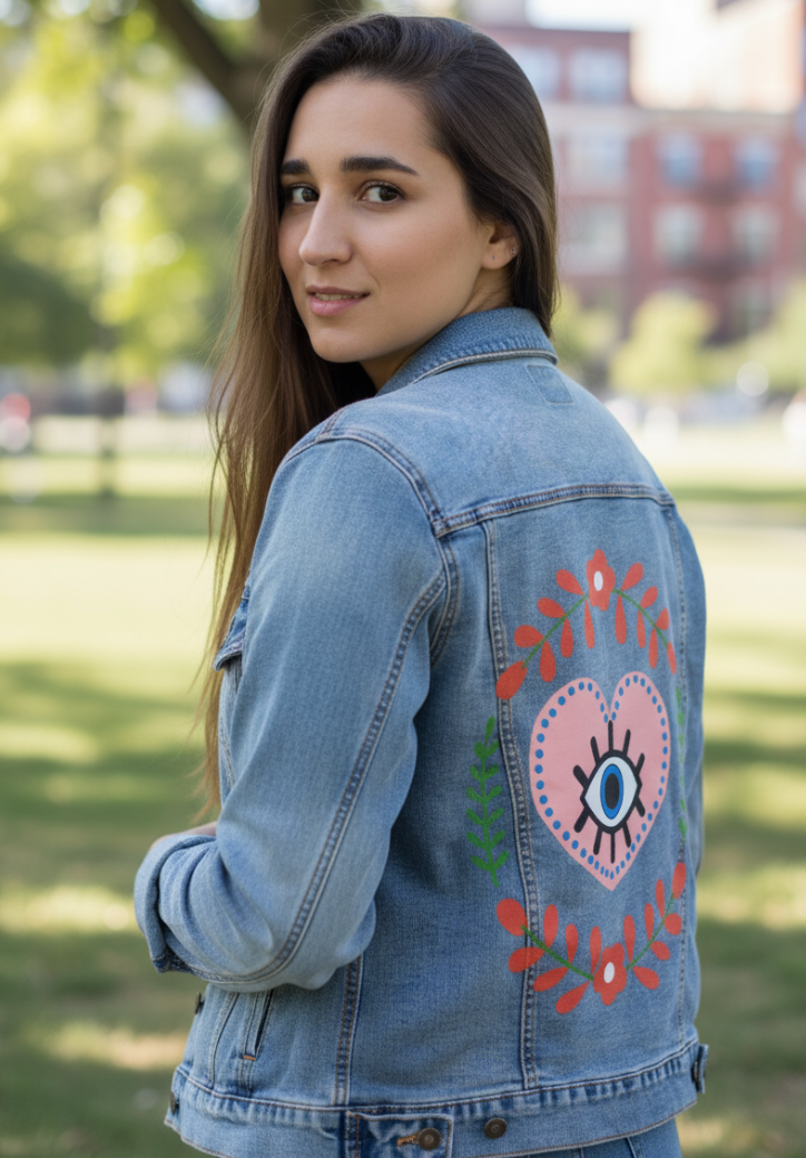 THE HEART SEES by HEND SHEHATA, digitally printed on DENIM products: throw pillows, aprons, table place mats, and hand-made Unisex Denim Jackets in 3 color choices