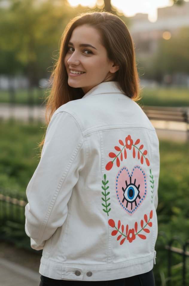 THE HEART SEES by HEND SHEHATA, digitally printed on DENIM products: throw pillows, aprons, table place mats, and hand-made Unisex Denim Jackets in 3 color choices